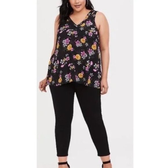 Torrid Black Floral V-Neck Georgette Ladder Trim Chiffon Tank Blouse 3 3X 22/24 - Picture 1 of 7